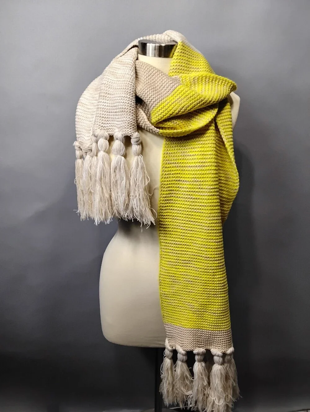 Calvin Klein Yellow, Tan & Cream Knit Tassel Scarf - One Size Fits All